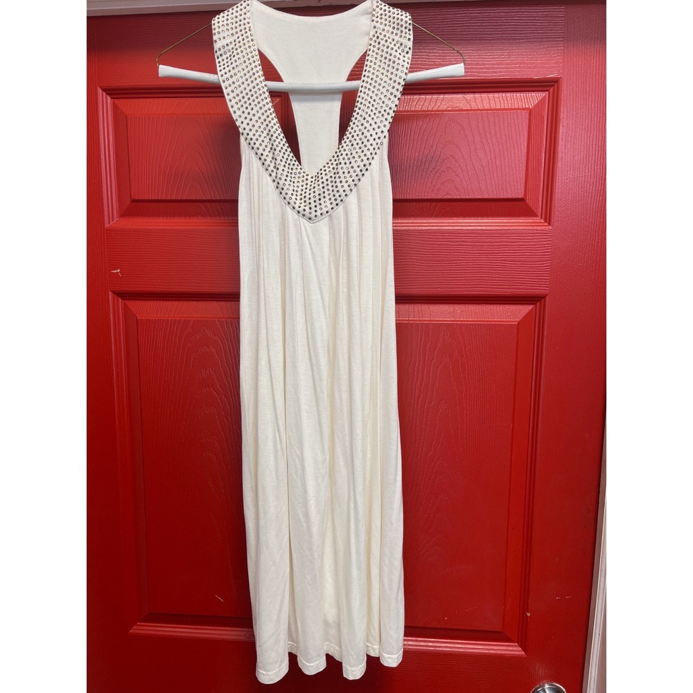 Pakula Cream Studded V-Neck Racerback Mini Dress Sleeveless Gold Studs Size M